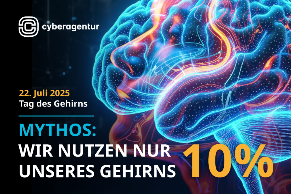Am Tag des Gehirns räumt die Cyberagentur mit dem Mythos auf, dass wir nur 10 % unseres Gehirns nutzen – tatsächlich ist unser Gehirn rund um die Uhr aktiv. Die Abbildung visualisiert die komplexe neuronale Aktivität, die selbst in Ruhephasen nicht stillsteht.
